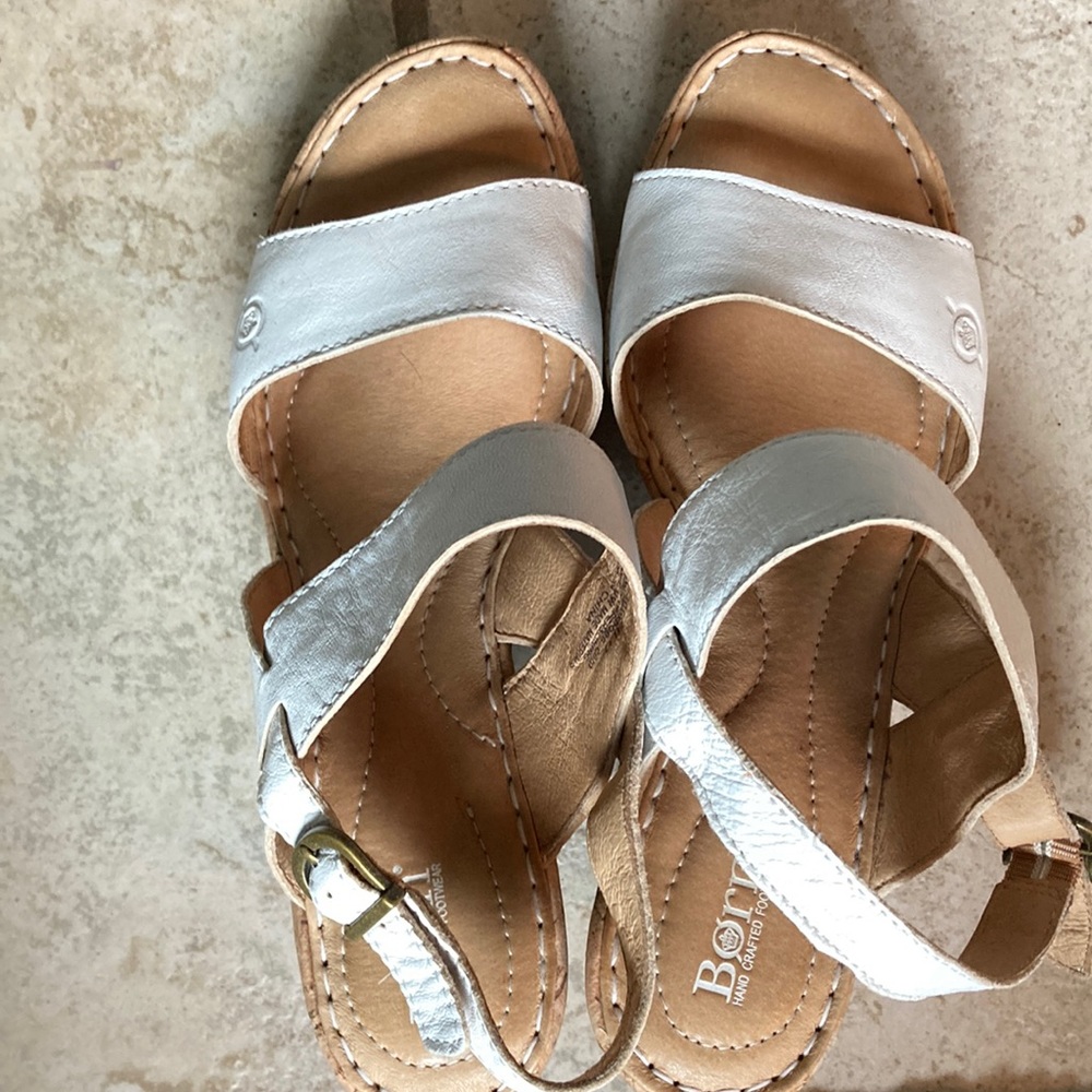 Size 9 white leather, gently, worn born wedge sandals
